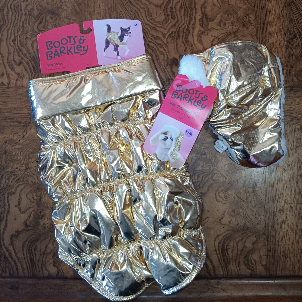 Boots & Barkley Metallic Gold Dog Puffer Vest And Trapper Hat Medium